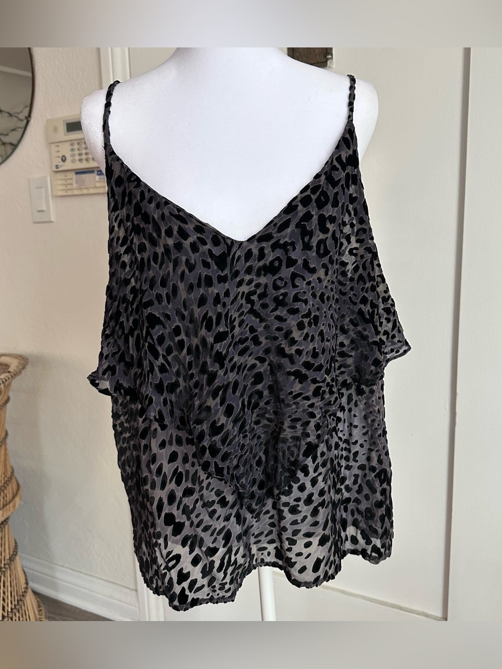 Rory Beca Luxury Silk Blend Burnout Velvet Leopard Print Ruffle Cami Tank Top L
